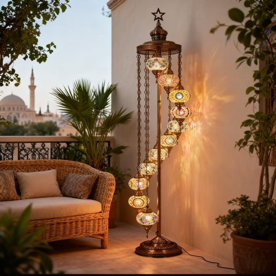 Handmade Turkish Moroccan Floor Lamp With 11 Globes, Bohemian Decorative Lighting For Home, Living Room, And Housewarming Gifts