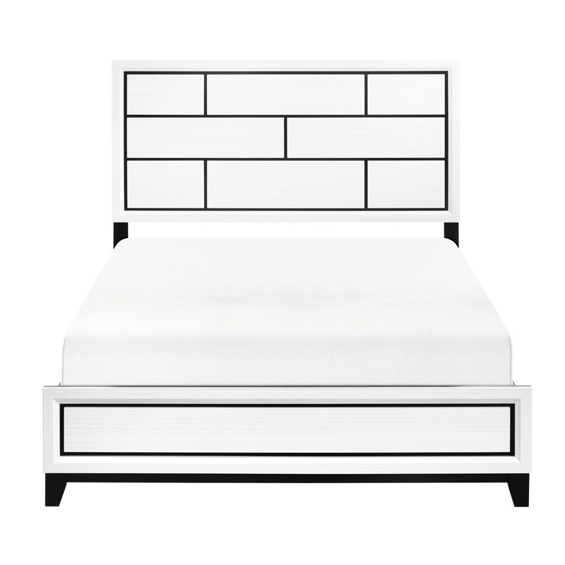Modern White Queen Bed For Bedroom, Wood, Black Line Design Enhancement Contemporary Bed, Wooden Bedroom Furniture With