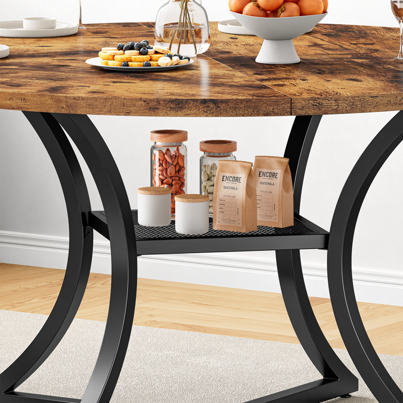 Aycide 47.2" Round Dining Table With Storage Shelf, Wooden Tabletop And Metal Base , Rustic Brown