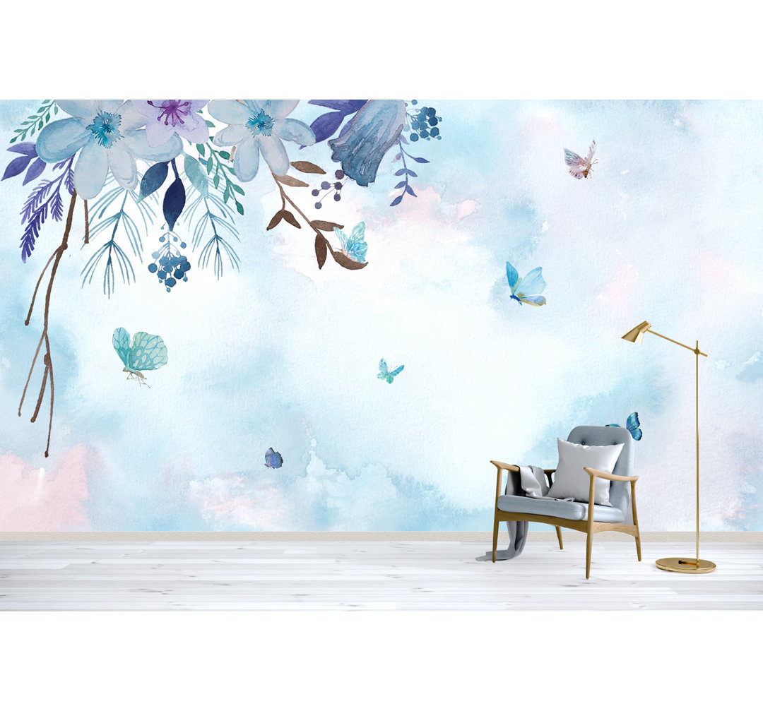 Yarenis Blue Purple Flower Little Butterfly Daisy Textile Wallpaper Red Barrel Studio® 