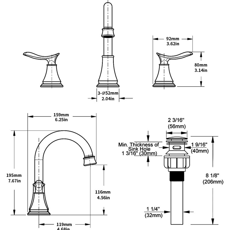 Robinet de lavabo de salle de bain espacé de 8 po en bronze huilé - 360 bec pivotant, 2 avec bonde escamotable et boyaux 8 po, lavabo à 3 trous et eau