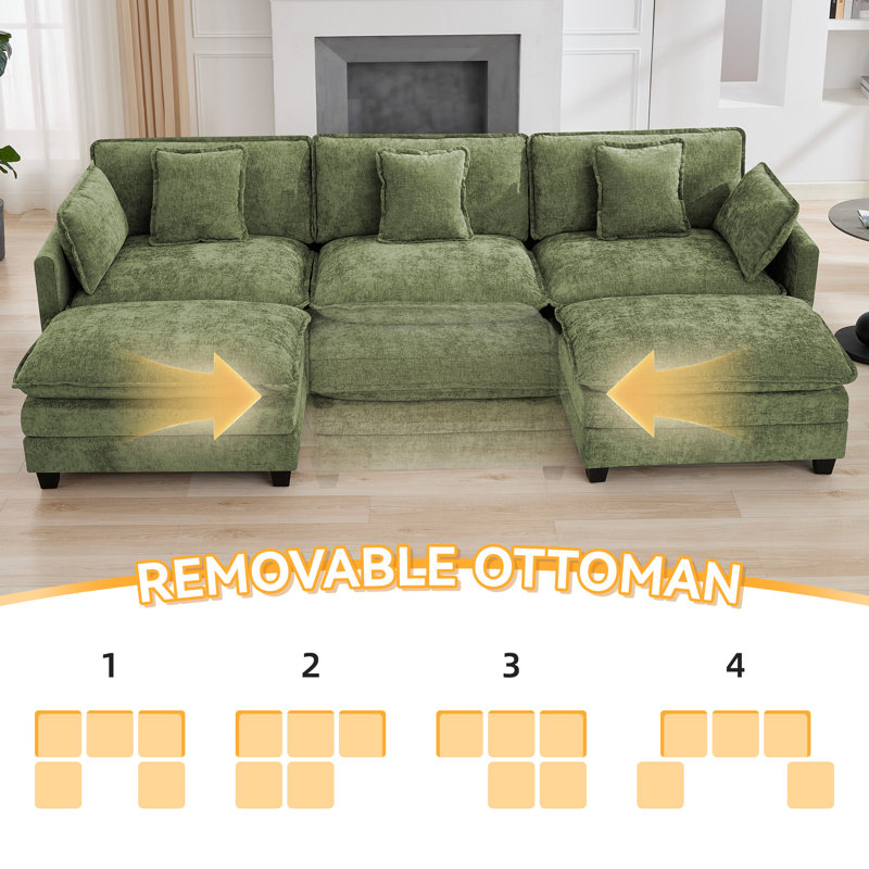 Canapé modulaire rembourré en chenille avec repose-pieds Chenille, Vert, 5