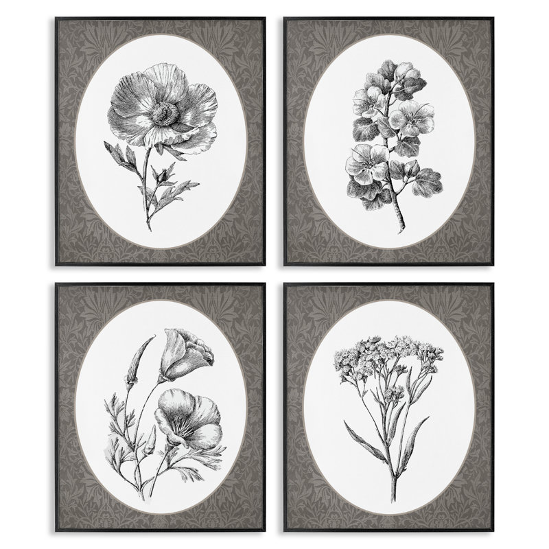 Ensemble de 4 giclées encadrées Ornate Blooms over Damask, H 20 po x l 16 po, Giclée encadrée noir minuit