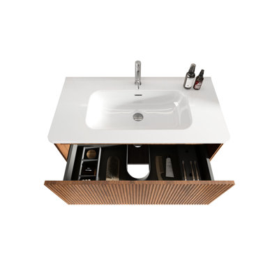 Meuble-lavabo flottant 36 po en noyer rayé avec lavabo intégré blanc