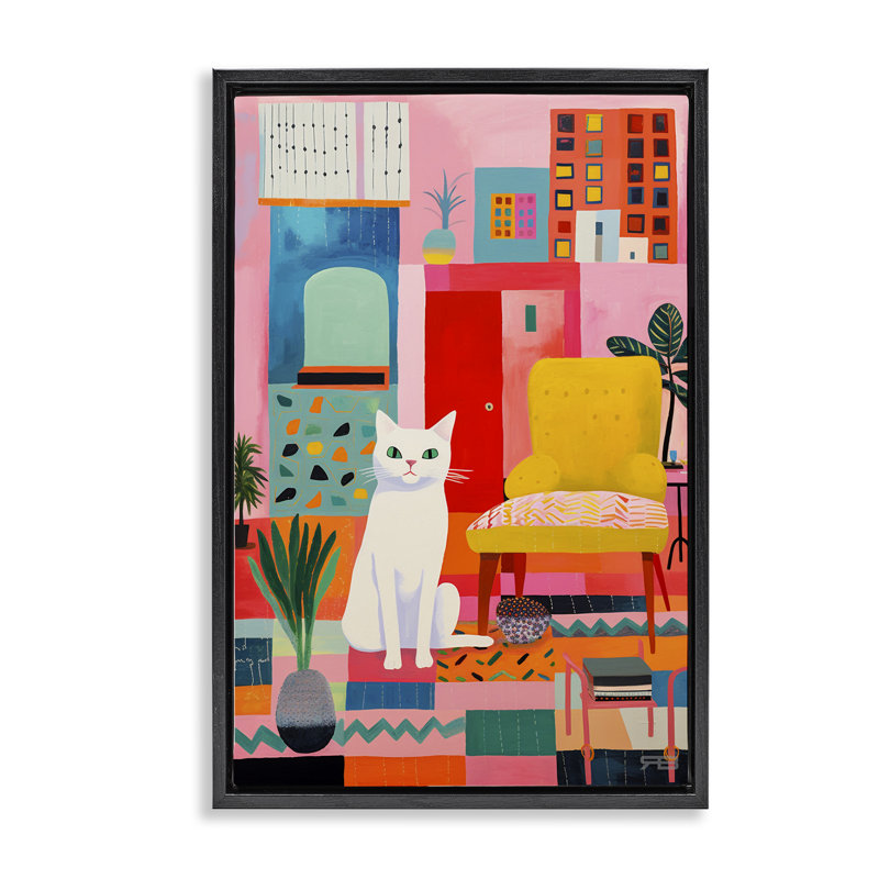 «Cat in Eclectic Interior», toile flottante encadrée grise par Roozbeh Bahramali, Cadre flottant noir de jais