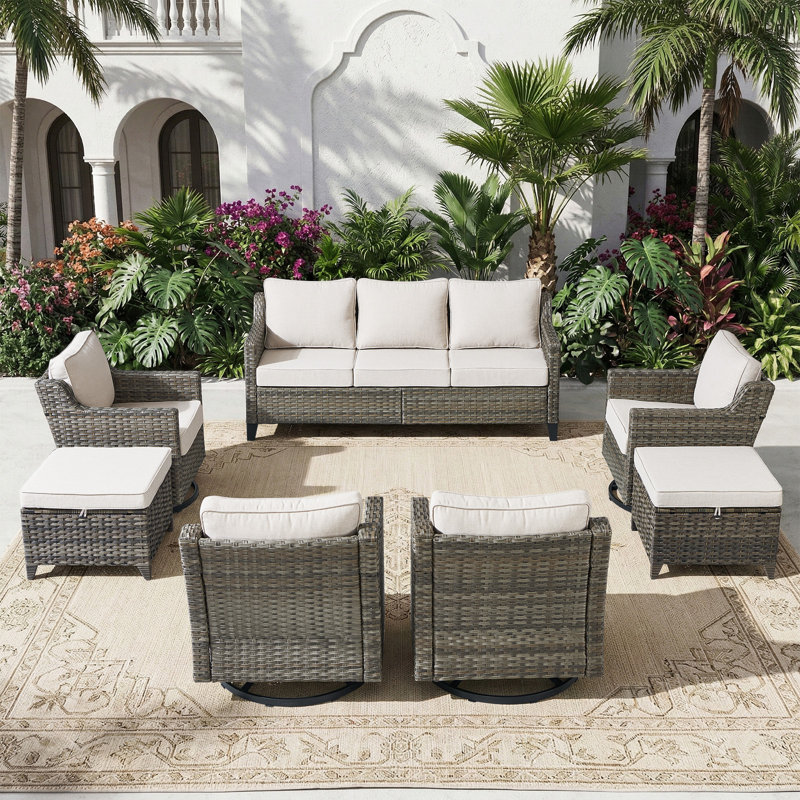 Ensemble de conversation de patio 7 pièces Maelie, canapé d'extérieur avec 4 fauteuils pivotants et 2 repose-pieds, Beige