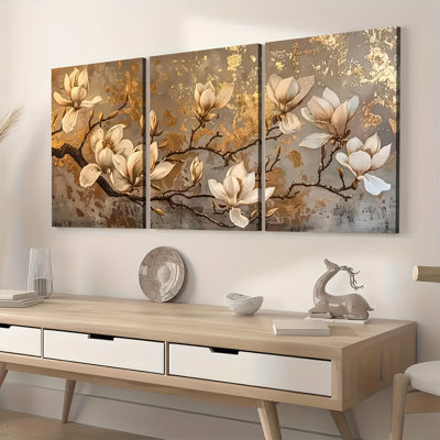 Champagne Magnolia Gold 3-Piece Canvas Print for Textured Vibe Living Room Home Decor