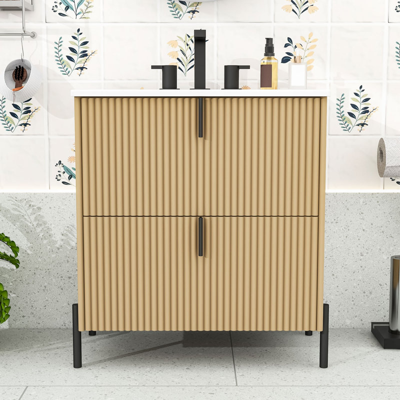 Meuble-lavabo de salle de bain avec lavabo en céramique, tiroirs pleine extension à fermeture en douceur et conception cannelée