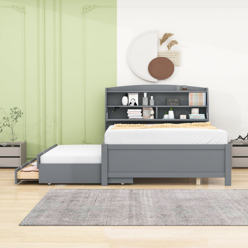 Lit plateforme en bois à 3 tiroirs avec lit gigogne, gris, Double
