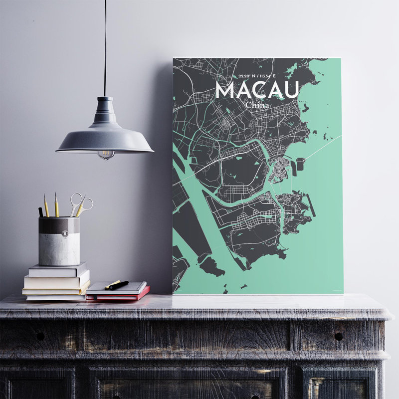 Macau, carte de la ville, impression, Vert/gris, H 27,6 po x l 19,7 po