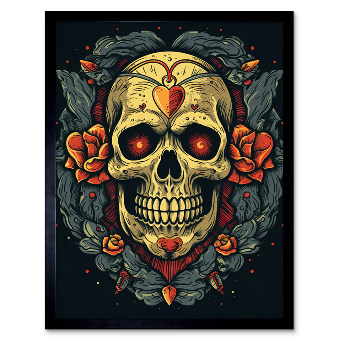 Highclere Skull Roses And Heart Tattoo Ink Body Art Rockabilly Americana - Single Picture Frame Print
