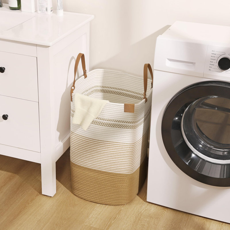 Large Laundry Hamper – 75L Tall Woven Cotton Storage Basket With Leather Handles, Slim Dirty Clothes Hamper, Decorative Storage Basket