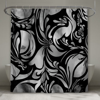 Rideaux de douche argentés à motif floral noir extra long
