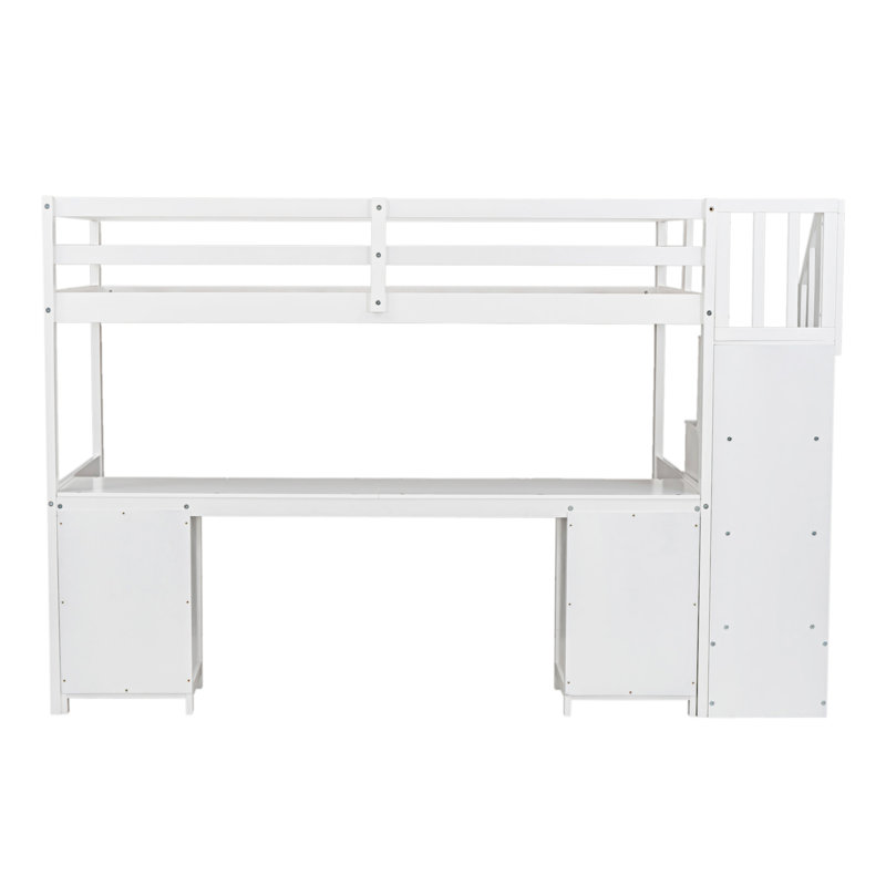 Structure de lit mezzanine avec bureau intégré et tiroirs de rangement doubles, Blanc