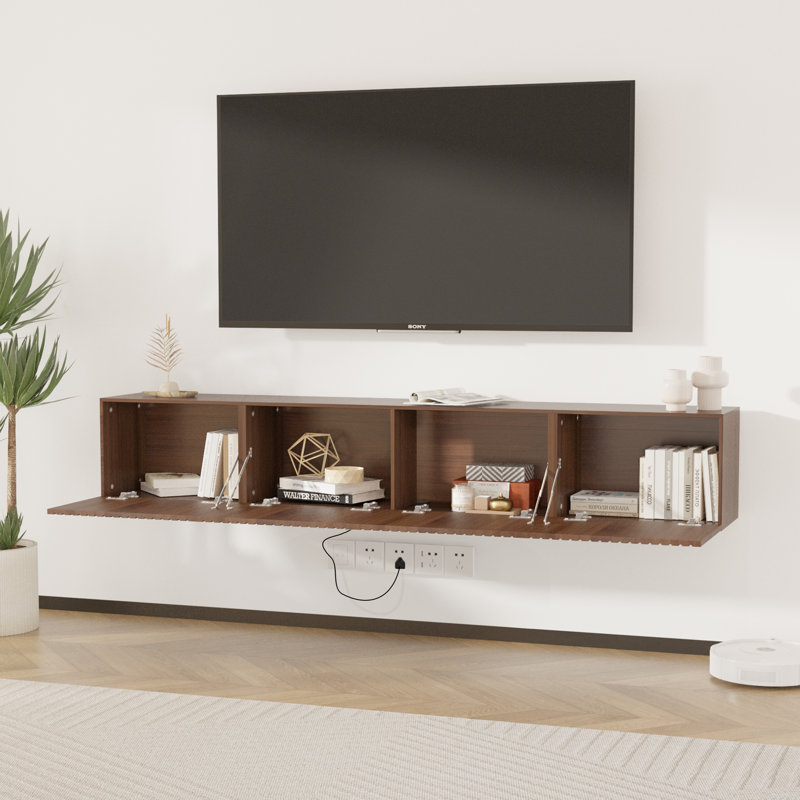 82 Inch Floating Tv Stand For 75 80" TV, Led Wall-Mounted Entertainment Center With Charging Station, Floating Tv Shelf For Living Room, Bedroom, Walnut Brown