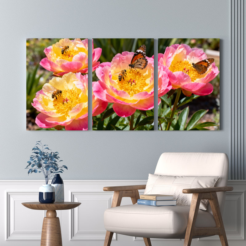 Ensemble de 3 tableaux sur toile tendue représentant des pivoines avec des abeilles et des papillons, pour la décoration du salon, de la chambre et de la maison.