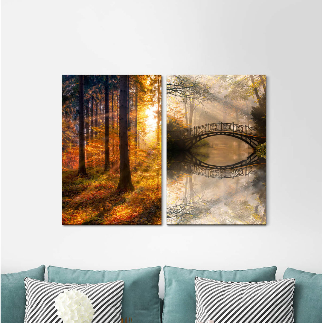 2-tlg. Leinwandbilder-Set Forest Autumn Sunbeams Golden Bridge Magical Idyllic