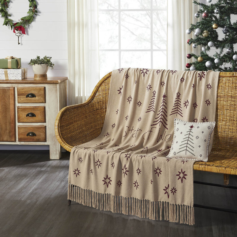 Star of Wonder Tan and Burgundy Cotton Woven Throw Blanket 50x60