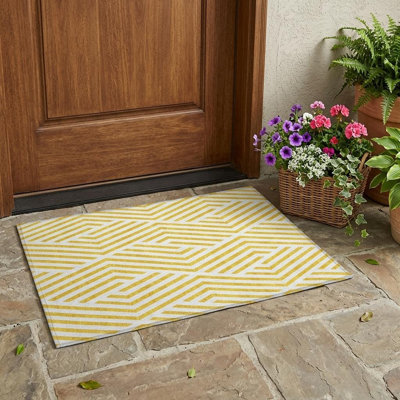 2' X 3' Gold and White Geometric Washable Non Skid Indoor Outdoor Area Rug