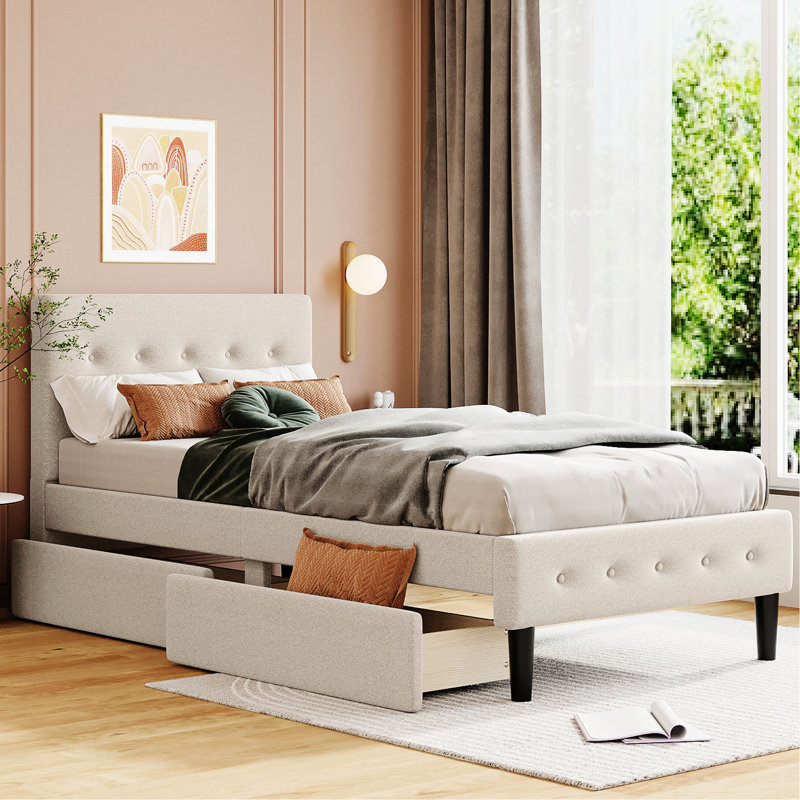 Lit simple tapissier avec 2 tiroirs, beige - lit plateforme simple et contemporain, stable