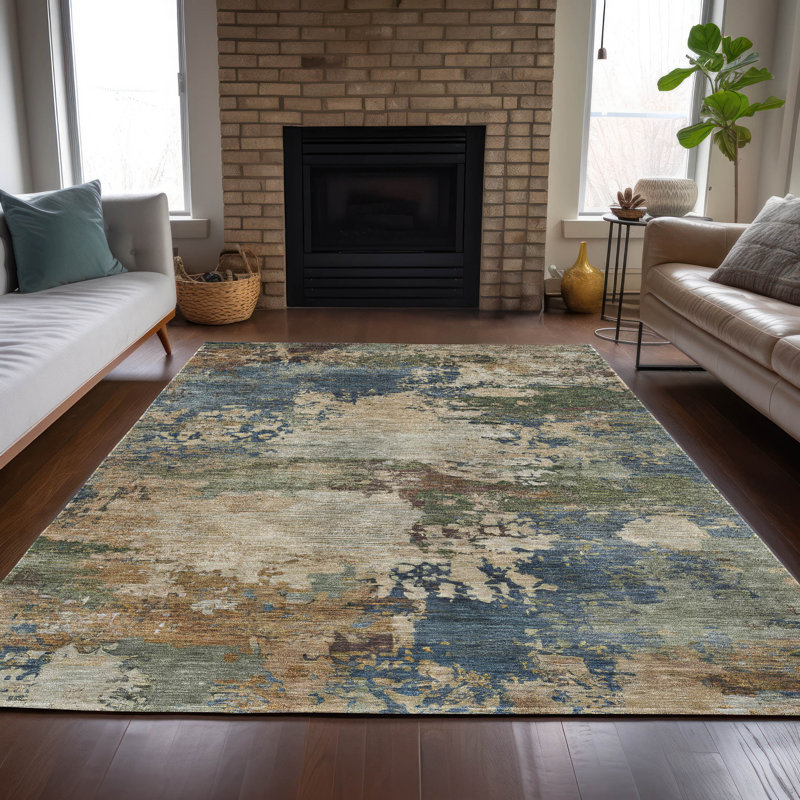 Machine Washable Indoor/Outdoor Xhevrie Blue Rug, Rectangle 10' x 14'
