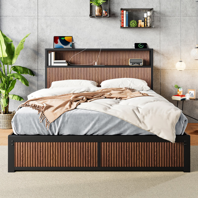 Cadre de lit moderne pour chambre à coucher, chambre d'amis, cadre de lit, cadre de lit plateforme en bois avec tiroir de rangement