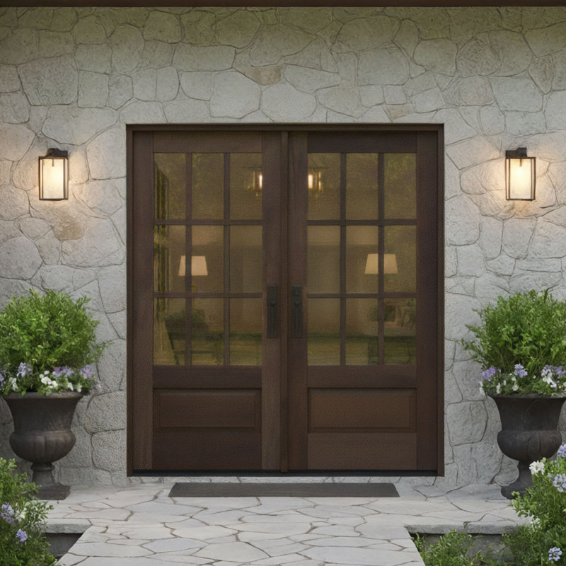 G7509-SW-80 | Porte double 80 po, extérieur pré-suspendu RTA, SDL 9 Lite, 3/4 Lite, 1 panneau, bois d'acajou brut