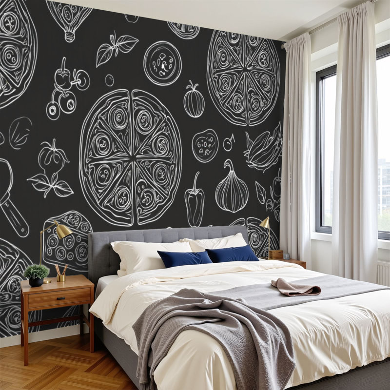 Papier peint adhésif pelez et collez «Italian pizza noir vintage pizza», art mural autoadhésif et amovible, 99.6" L x 144" W