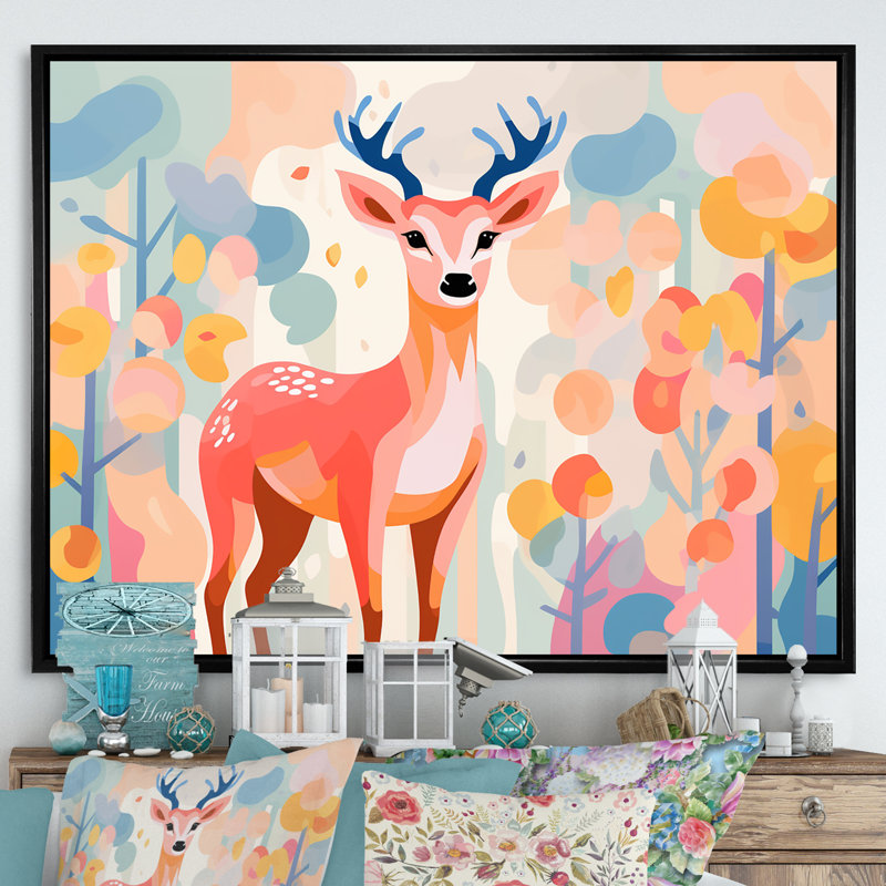 Art floral mural, cerf rose, Cadre flottant noir, H 24 po x l 32 po x P 1 po