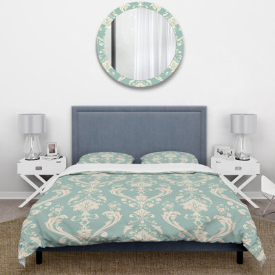Ensemble de housse de couette rétro motif damassé vert rose II