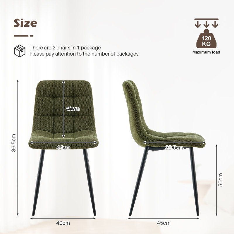 50cm H Upholstered Metal Side Chair, 2, Green, Chenille