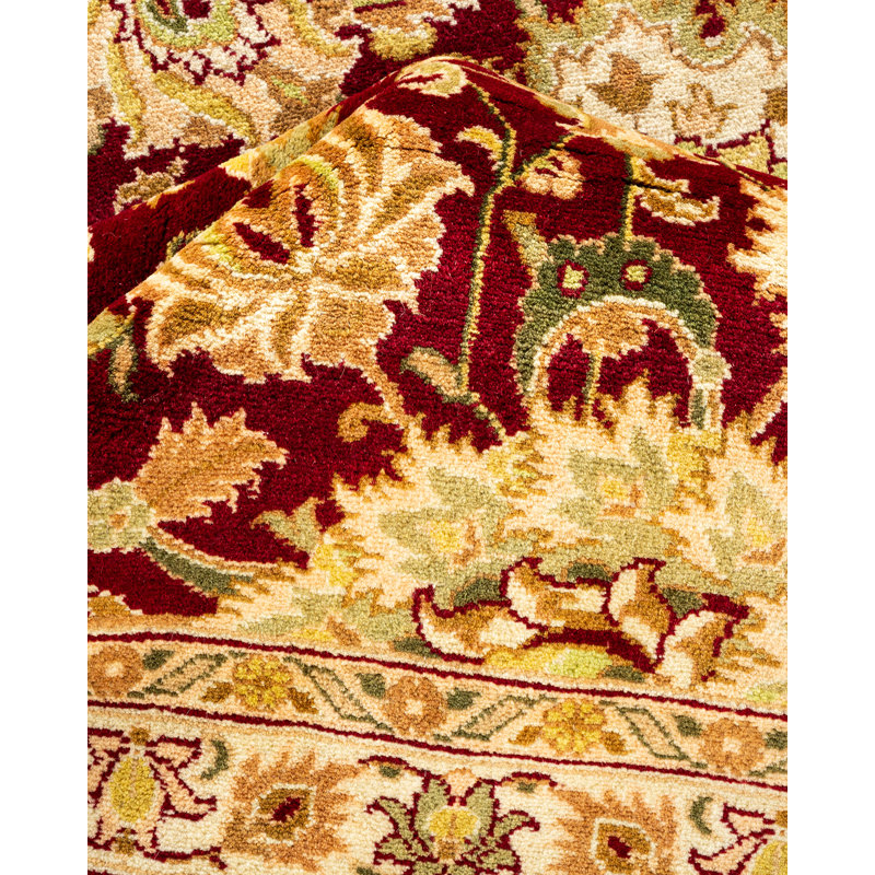 Tapis rouge / beige / vert en laine noué à la main de conception unique 10 pi 3 po x 13 pi 3 po Trenea Mogul