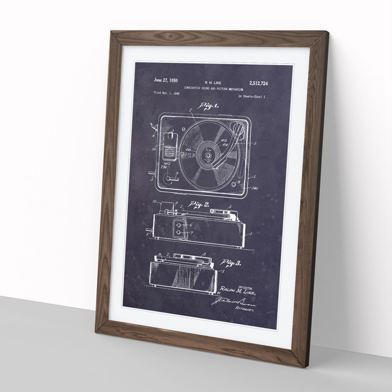 Record Player Patent Dark - Picture Frame Graphic Art, 36cm H x 27cm W x 2cm D, Walnut Framed