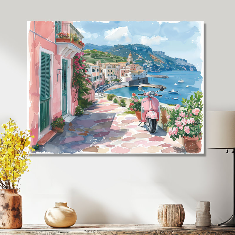 Scooter rose dans un village côtier, Italie I - impression d'art mural Italie, Sans cadre, métal, H 12 po x l 20 po