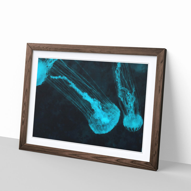 Neon Blue Jellyfish - Picture Frame Graphic Art Print, 62cm H x 87cm W x 2cm D, Walnut Framed