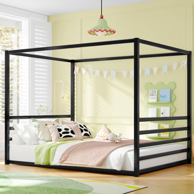 Black Iron Bed Frame For Queen, Open Floor Design, - Toppling, Comfortable Mattress Combination, Diy Decoration Queen Size Modern Low Profile Frame, Multi Sided Guardrails, Safe And Adults