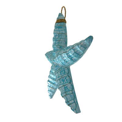 Ensemble côtier de 2 sculptures murales en bois bleu et vert représentant des étoiles de mer, avec boucles de corde, 30 cm de hauteur