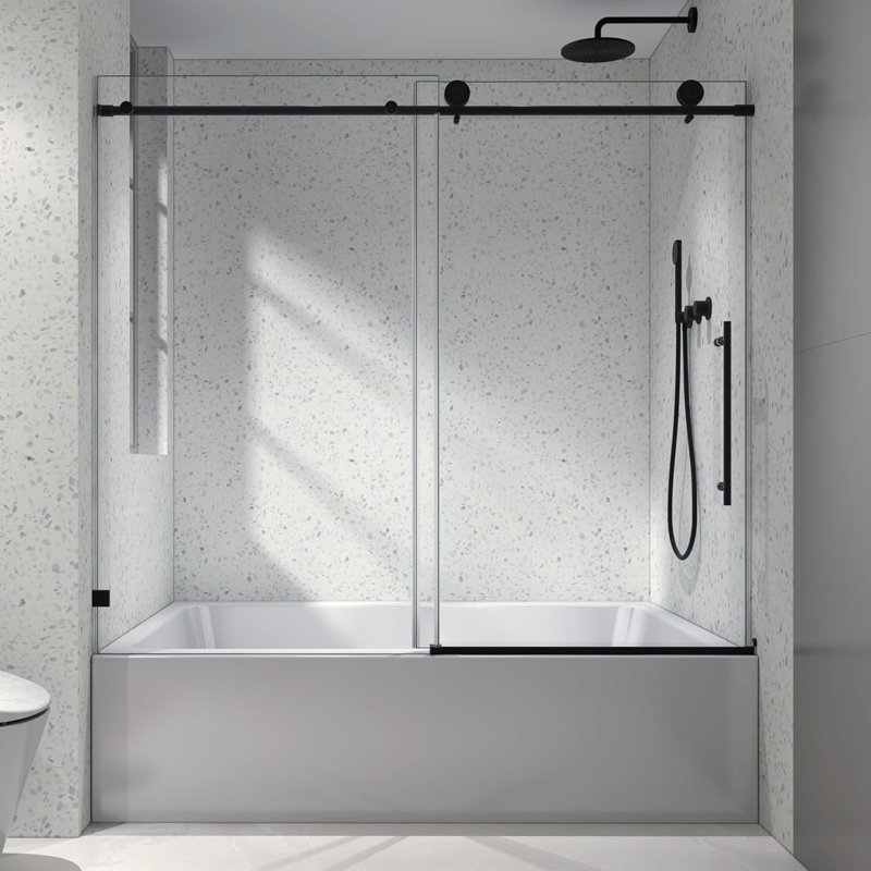  Frameless Tub Shower Door 56-60" W X 76" H, Bathtub Sliding Shower Door With 5/16"(8Mm) ANSI Thick Tempered Glass, Explosion-Proof Film, Stainless Steel Hardware, Matte Black