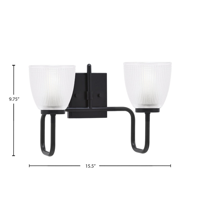 Barre d'éclairage de salle de bain 2 lumières Amarmula, finition noir mat, verre côtelé transparent de 5 po