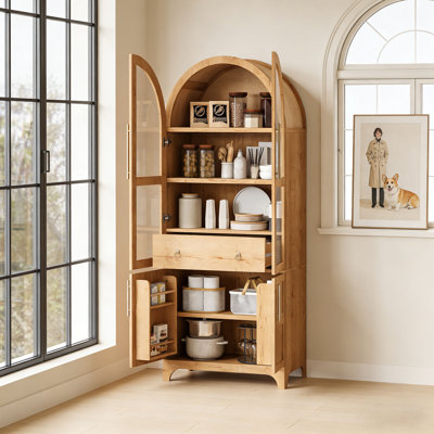 Garde-manger arqué de 71 po de hauteur, armoires de rangement modernes en bois avec portes en verre