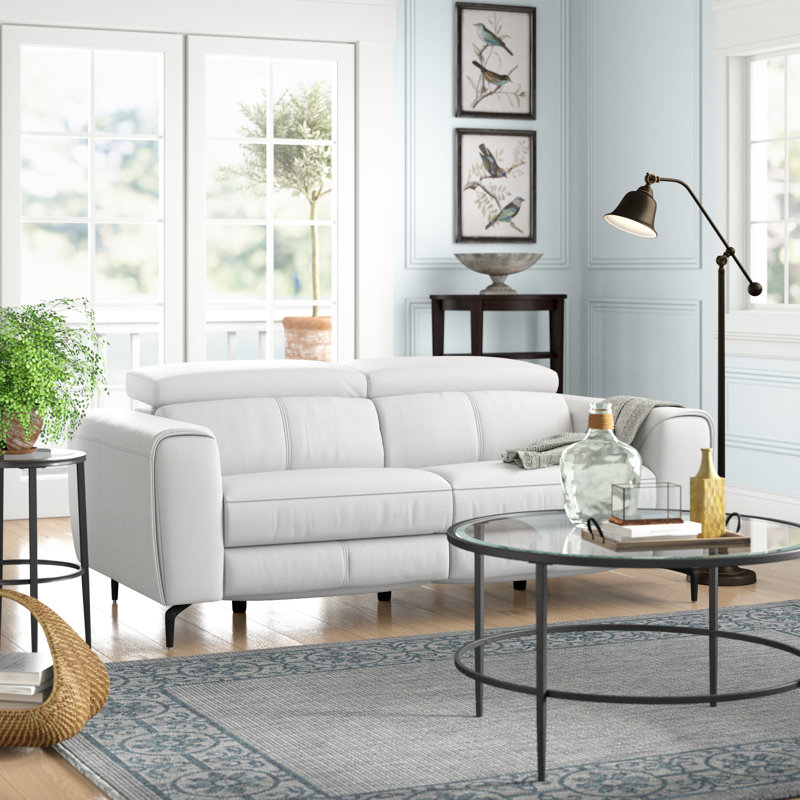 Genuine Leather Square Arm Reclining Sofa, Light Gray Genuine Leather, 30" H x 82" W x 41" D 