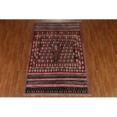 Tapis rouge / rose / noir en laine noué à la main de conception unique 5 pi 10 po x 8 pi 3 po New Age