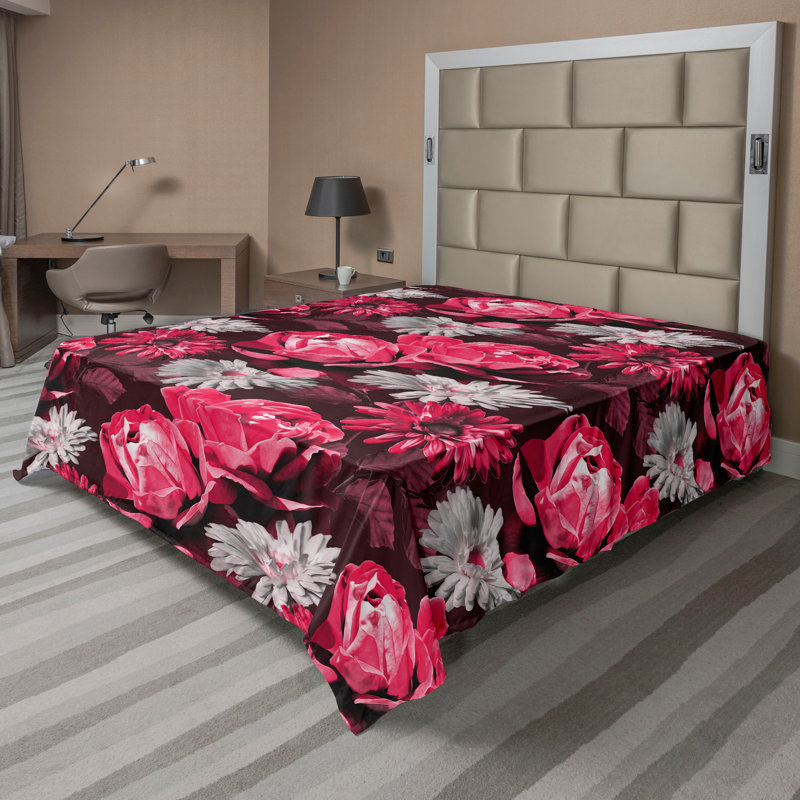 Drap plat Ambesonne Fleurs Gerbera Roses Composition Marron foncé et gris, Drap plat pour très grand lit californien