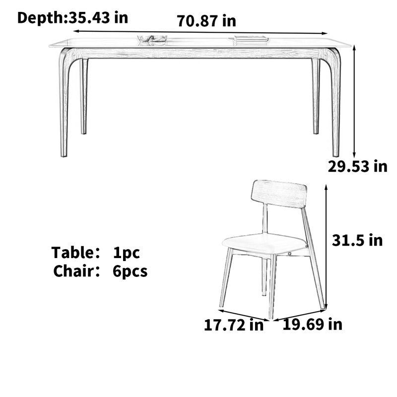 Table de salle à manger rectangulaire, H 29,53 po x L 70,87 po x l 35,43 po