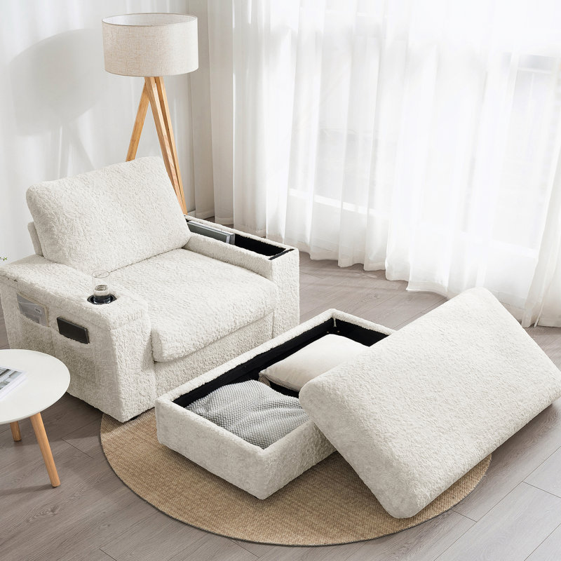 Oversized Chaise Lounge Indoor,Faux Rabbit Fur Sofa Bed with Storage Ottoman and Armrests, Beige