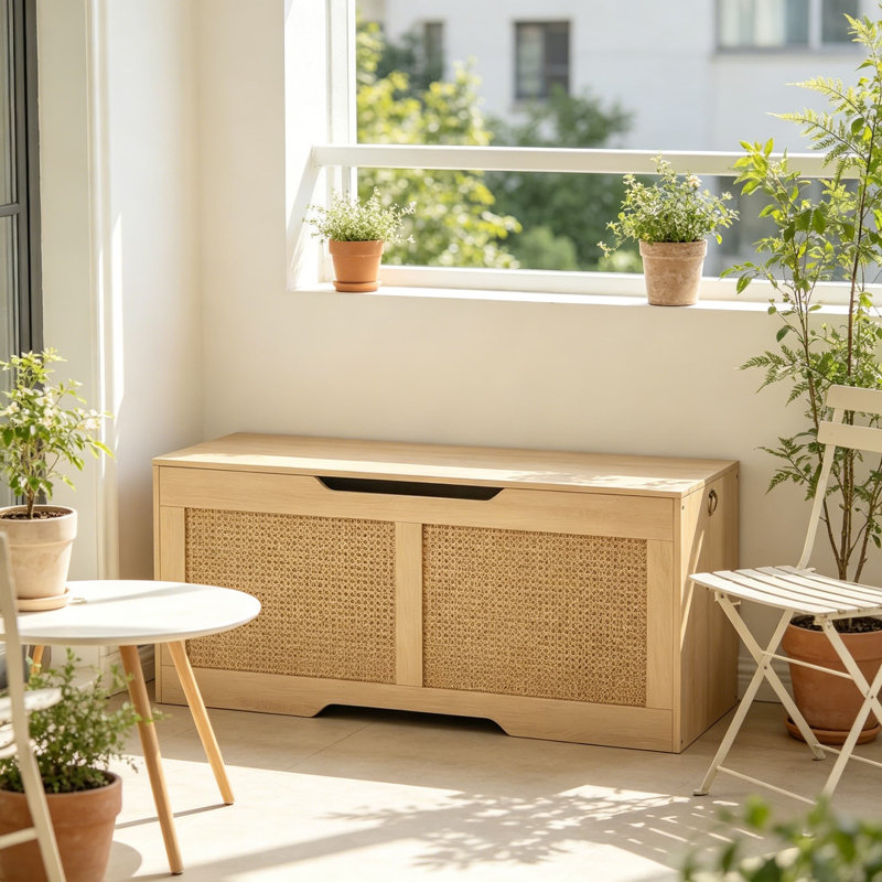 Storage Bench with Toy Box, 43.3-Inch Rattan-Like Storage Chest, Sturdy Entryway Bench Supports 220 lb, Safety Hinge with U-Shaped Opening, Easy Assembly, Natural