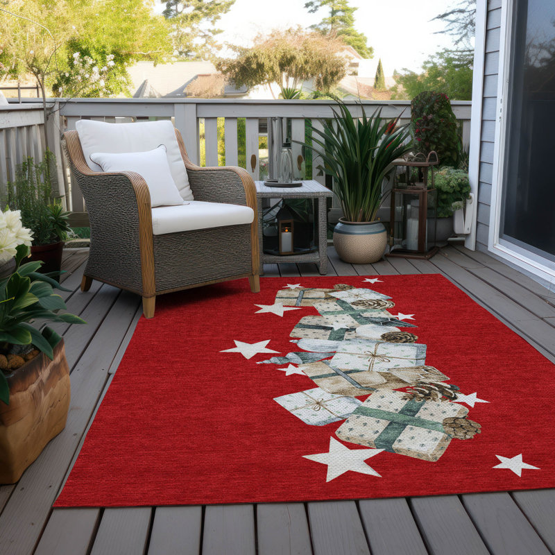 Festive Red Synthetic Washable Christmas Gift Rug 3' x 5'