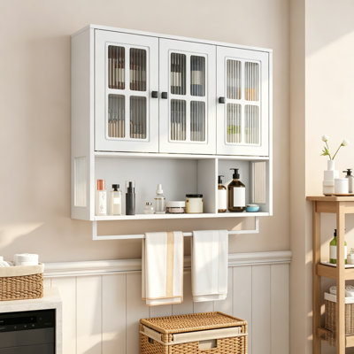 3-Door Wooden Wall Bathroom Cabinet with Open and Hidden Storage Space