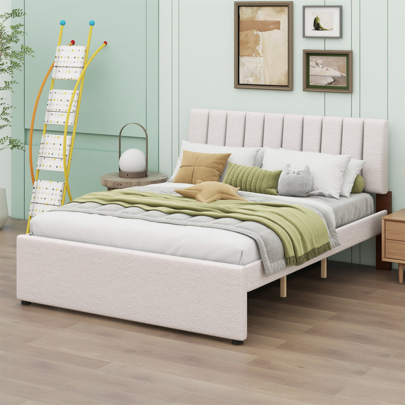 Upholstered Platform Bed With Trundle, Beige