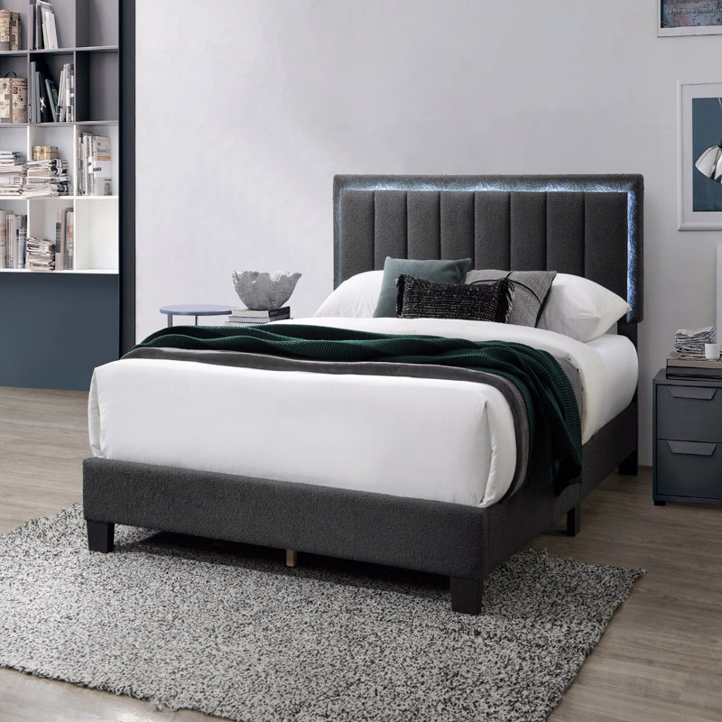 Structure de lit double 1 pièce de style moderne en tissu de laine gris anthracite revêtu de tissu d'ameublement capitonné avec éclairage à DEL et mobilier de chambre à coucher